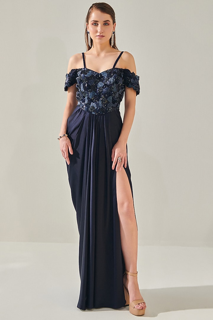 Midnight Blue Duchess Satin Off-Shoulder Draped Engagement Gown by One Knot One By Ashna at Pernia's Pop Up Shop