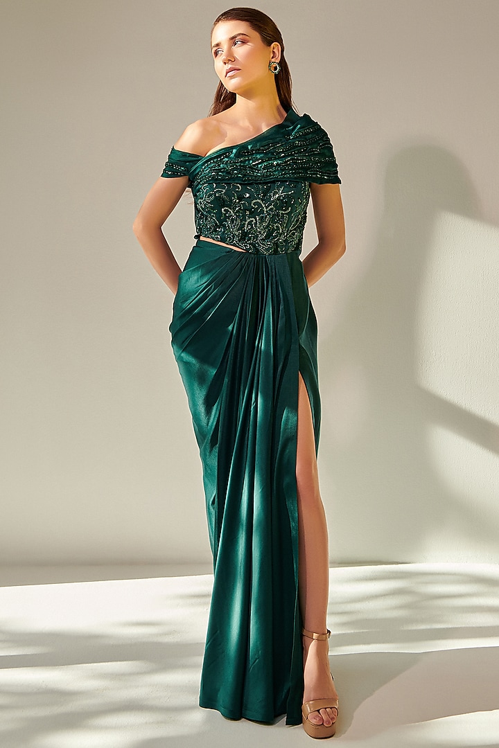 Emerald Green Satin Embellished Off-Shoulder Draped Gown by One Knot One
