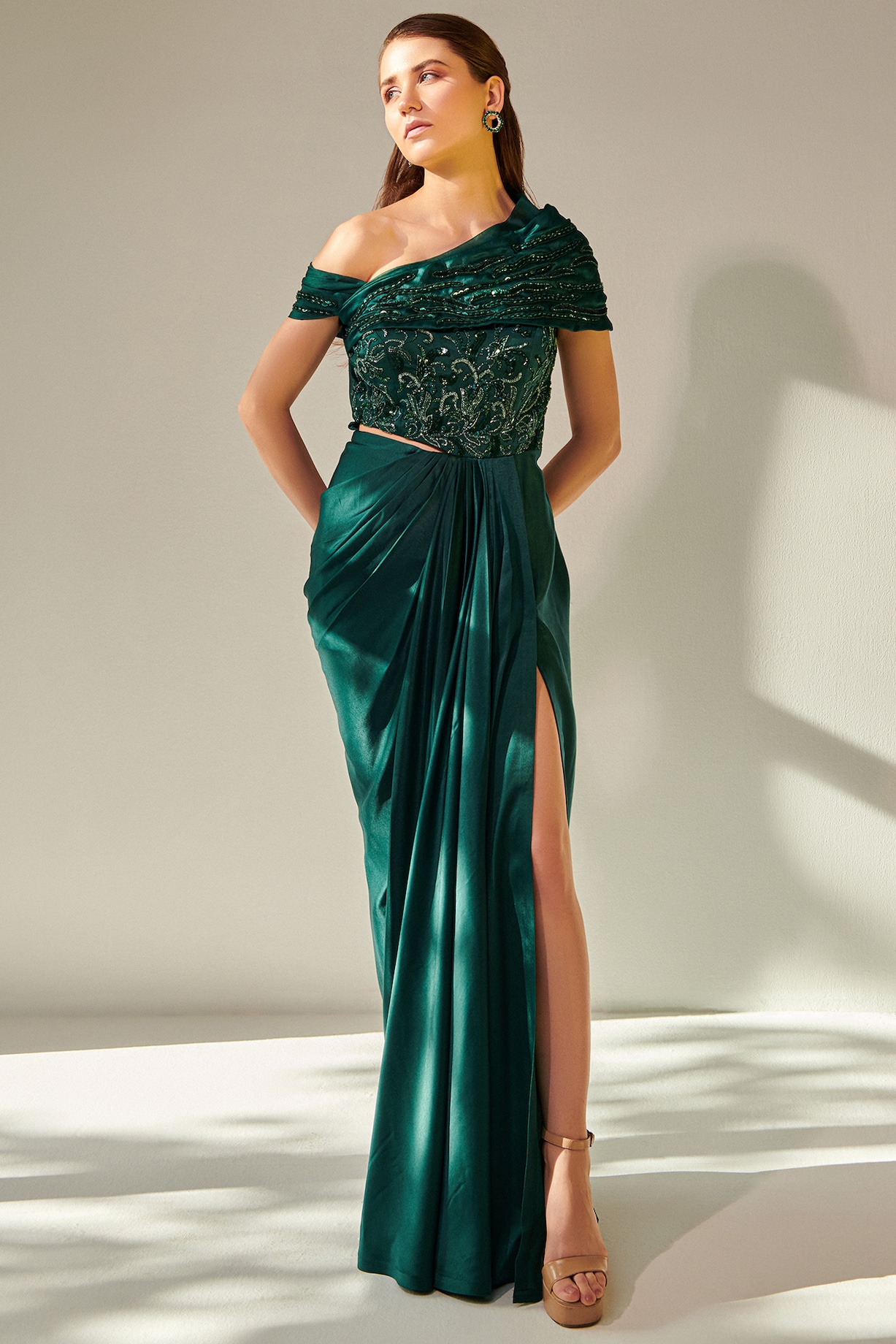 Emerald Green Satin Embellished Off-Shoulder Draped Gown by One Knot One at  Pernia's Pop Up Shop 2026