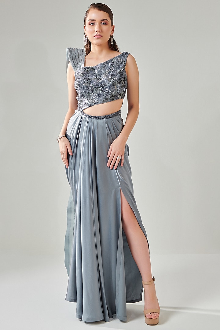 Ash Grey Satin Embellished Draped Saree Gown by One Knot One