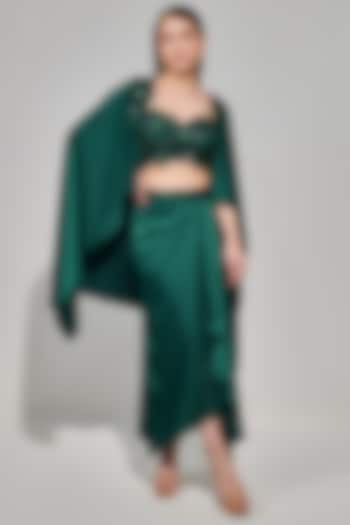 Emerald Green Textured Duchess Satin Draped Skirt Set by One Knot One at Pernia's Pop Up Shop