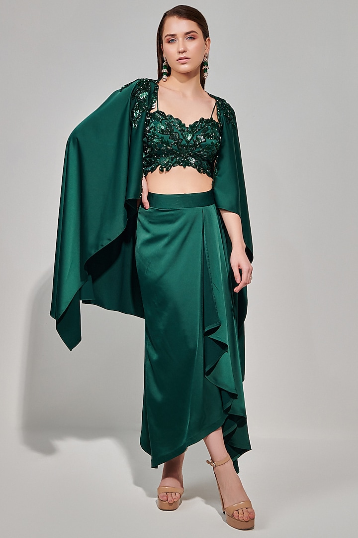 Emerald Green Textured Duchess Satin Draped Skirt Set by One Knot One at Pernia's Pop Up Shop