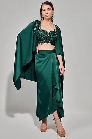 Emerald Green Textured Duchess Satin Draped Skirt Set by One Knot One By Ashna