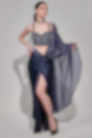 Charcoal Grey Silk Satin Draped Wedding Saree Set by One Knot One By Ashna at Pernia's Pop Up Shop