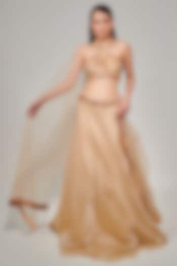 Beige Metallic Fluid Organza Embellished Wedding Lehenga Set by One Knot One By Ashna at Pernia's Pop Up Shop