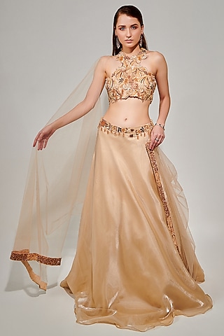 Beige Metallic Fluid Organza Embellished Lehenga Set by One Knot One By Ashna