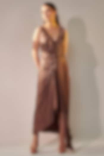 Brown Silk Satin Draped Skirt Set by One Knot One