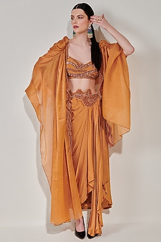 Honey Mustard Silk Satin Draped Skirt Set by One Knot One By Ashna