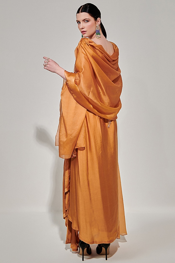 Honey Mustard Silk Satin Draped Skirt Set by One Knot One By Ashna at Pernia's Pop Up Shop