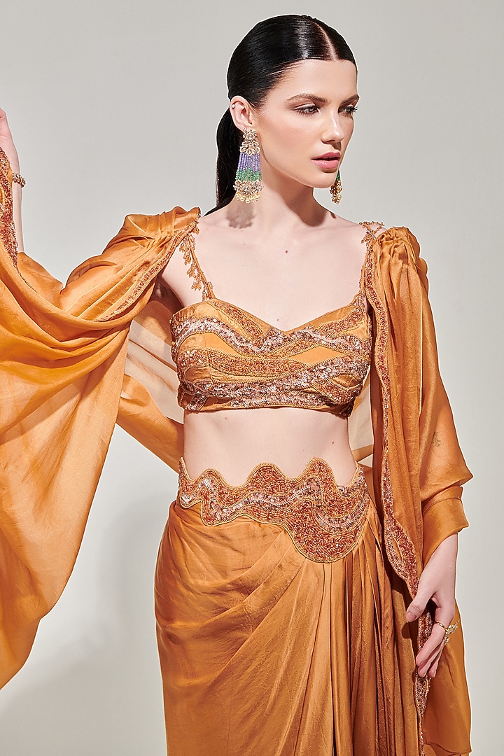 Honey Mustard Silk Satin Draped Skirt Set by One Knot One By Ashna at Pernia's Pop Up Shop