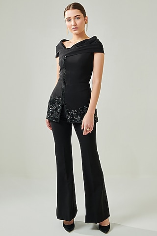 Black Banana Crepe Lycra Co-Ord Set by One Knot One By Ashna