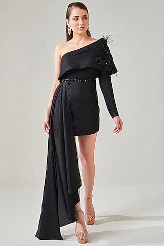 Black One Shoulder Draped Dress by One Knot One By Ashna
