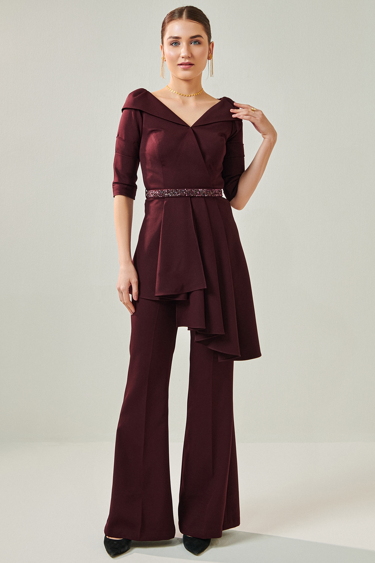 Wine Banana Crepe Lycra Co-Ord Set by One Knot One at
