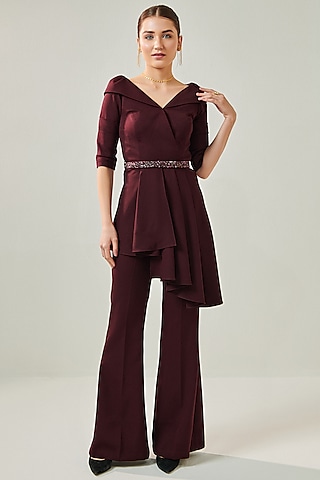 Wine Banana Crepe Lycra Co-Ord Set by One Knot One By Ashna