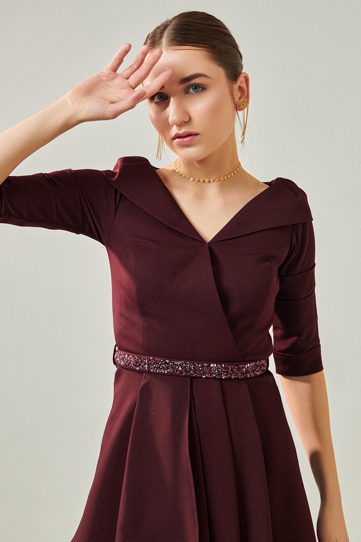 Wine Banana Crepe Lycra Co-Ord Set by One Knot One at Pernia's Pop