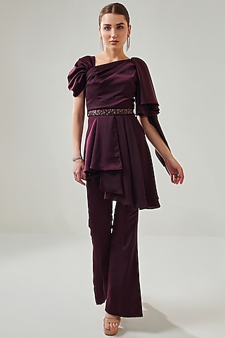 Wine Matte Satin Co-Ord Set by One Knot One By Ashna