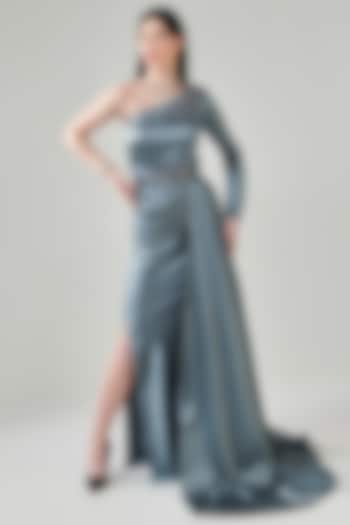 Ash Grey Heavy Satin Embellished Cowl Draped Gown by One Knot One