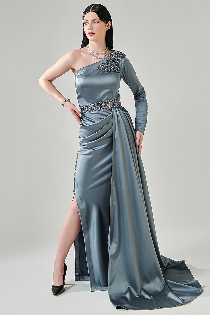 Ash Grey Heavy Satin Embellished Cowl Draped Gown by One Knot One at Pernia's Pop Up Shop