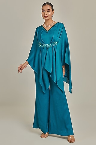 Teal Textured Crepe Satin Hand Embellished Co-Ord Set by One Knot One By Ashna