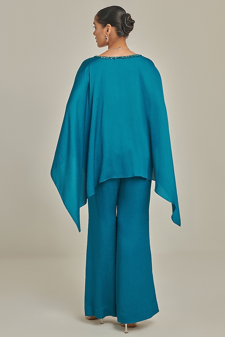 Teal Textured Crepe Satin Hand Embellished Co-Ord Set by One Knot One By Ashna at Pernia's Pop Up Shop