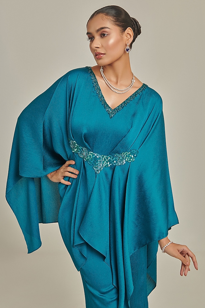 Teal Textured Crepe Satin Hand Embellished Co-Ord Set by One Knot One By Ashna at Pernia's Pop Up Shop