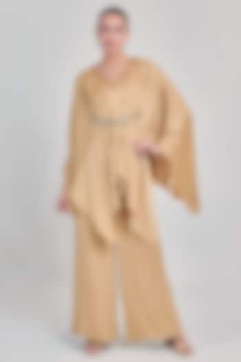 Golden Textured Crepe Satin Hand Embellished Co-Ord Set by One Knot One By Ashna at Pernia's Pop Up Shop