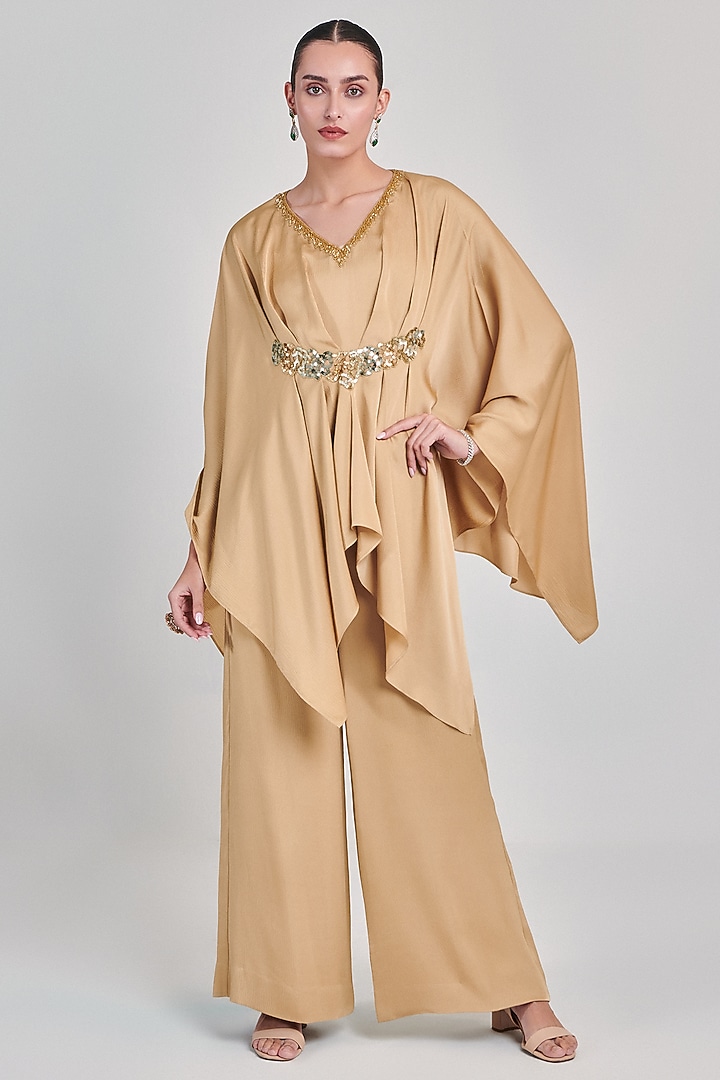 Golden Textured Crepe Satin Hand Embellished Co-Ord Set by One Knot One By Ashna at Pernia's Pop Up Shop