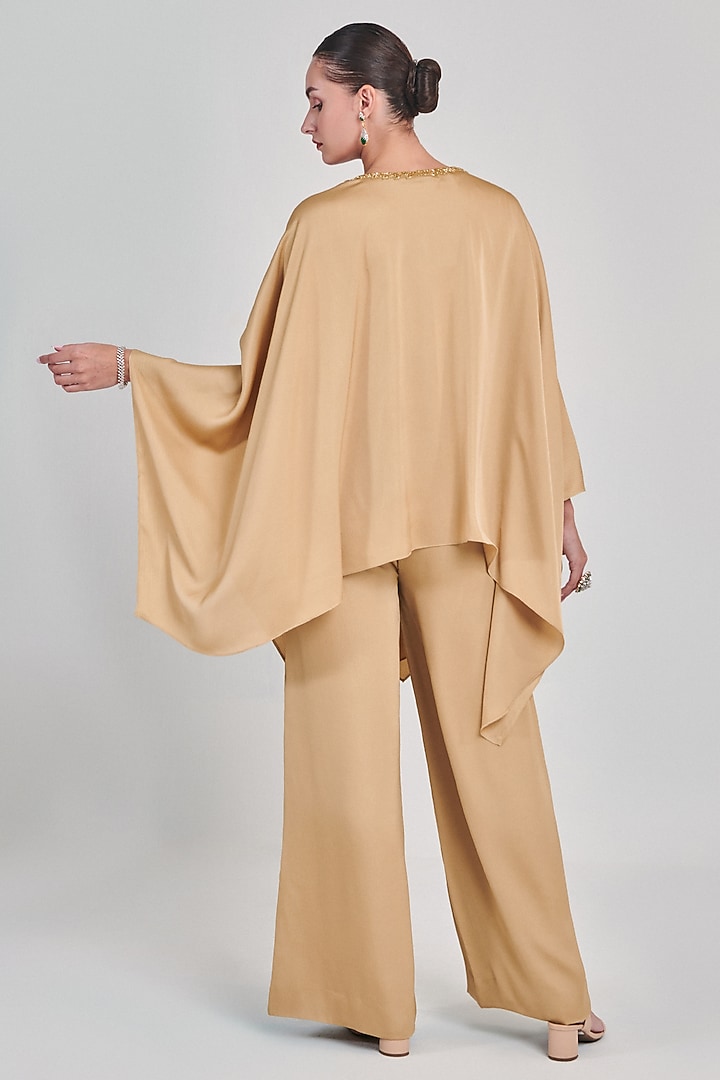 Golden Textured Crepe Satin Hand Embellished Co-Ord Set by One Knot One By Ashna at Pernia's Pop Up Shop