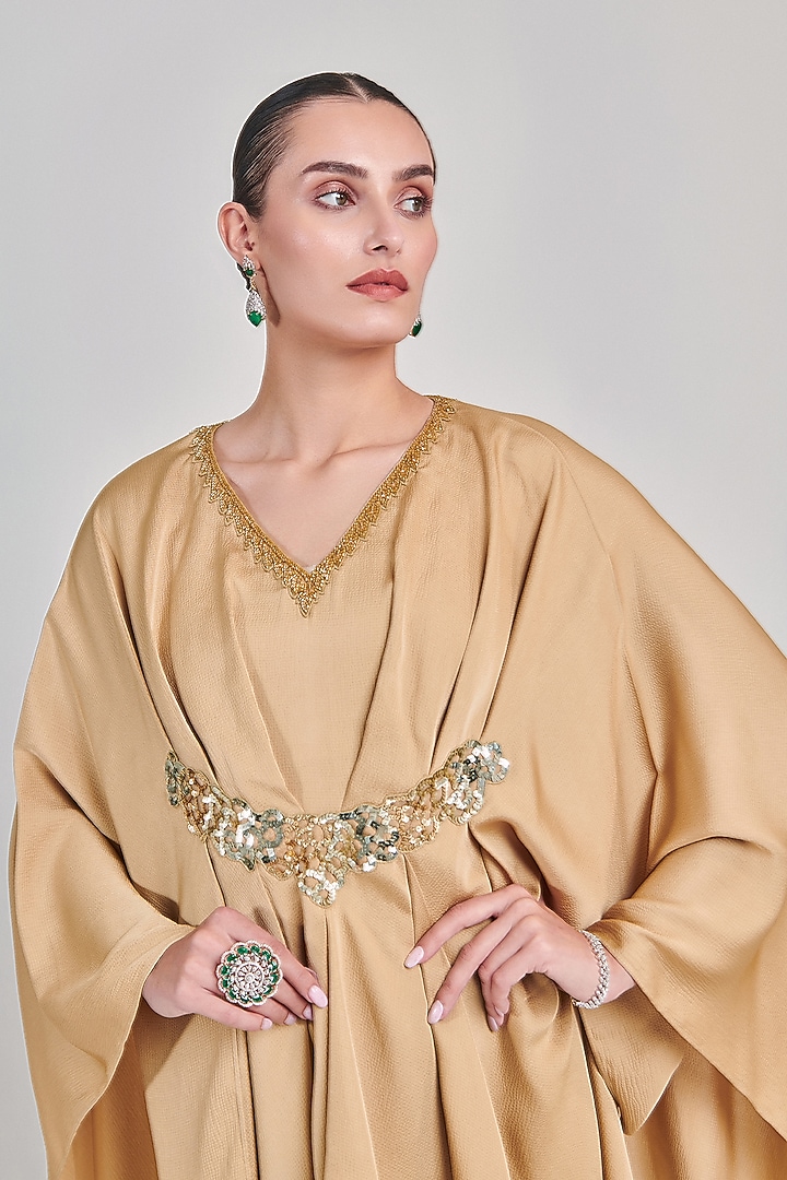 Golden Textured Crepe Satin Hand Embellished Co-Ord Set by One Knot One By Ashna at Pernia's Pop Up Shop
