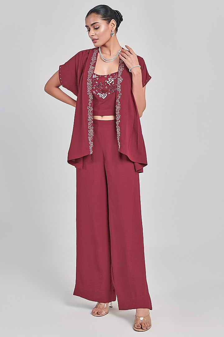 Maroon Textured Crepe Hand Embroidered Cape Set by One Knot One at Pernia's Pop Up Shop