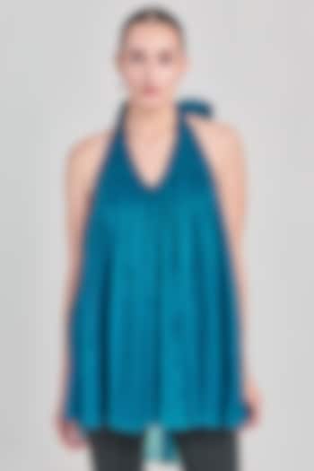 Teal Hammar Organza Satin Embroidered Top by One Knot One
