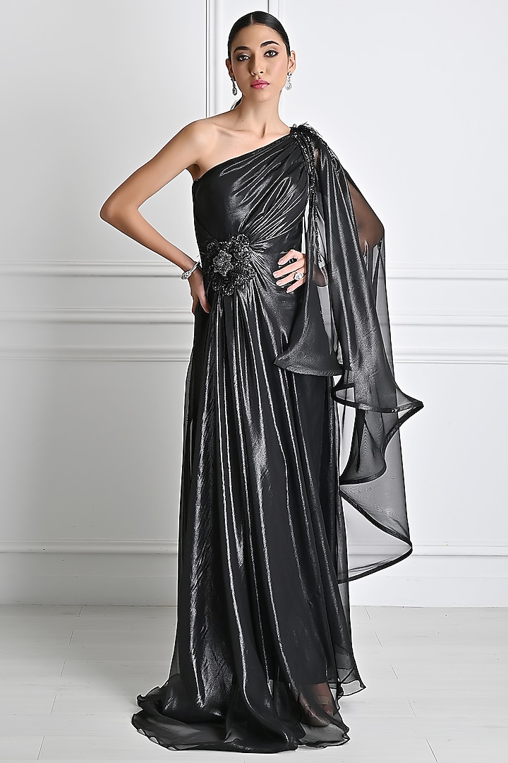 Black Metallic Georgette Organza Embroidered Gown by One Knot One