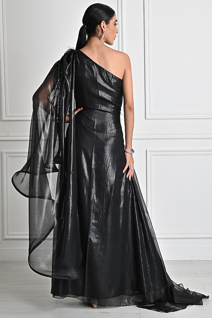 Black Metallic Georgette Organza Embroidered Engagement Gown by One Knot One By Ashna at Pernia's Pop Up Shop