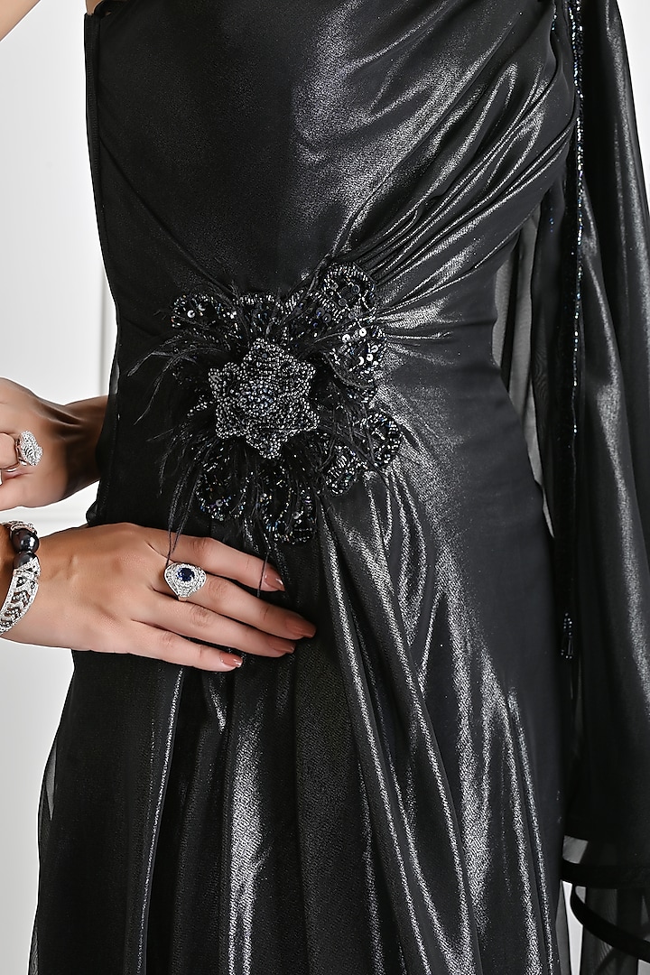 Black Metallic Georgette Organza Embroidered Engagement Gown by One Knot One By Ashna at Pernia's Pop Up Shop