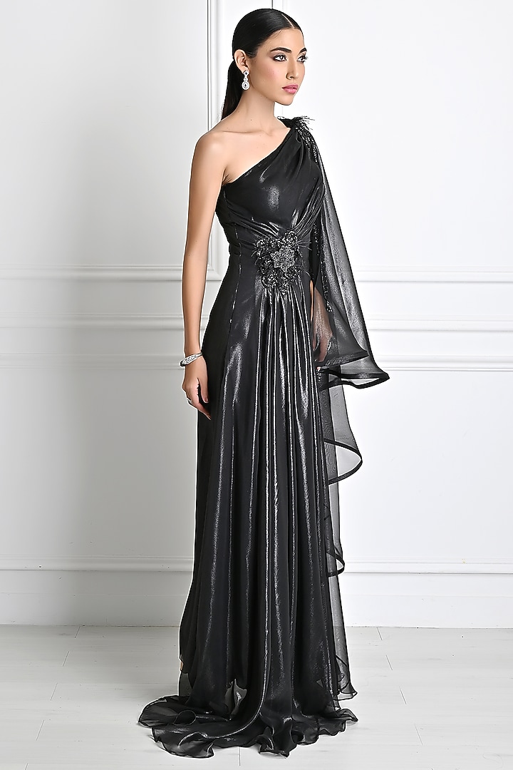 Black Metallic Georgette Organza Embroidered Engagement Gown by One Knot One By Ashna at Pernia's Pop Up Shop