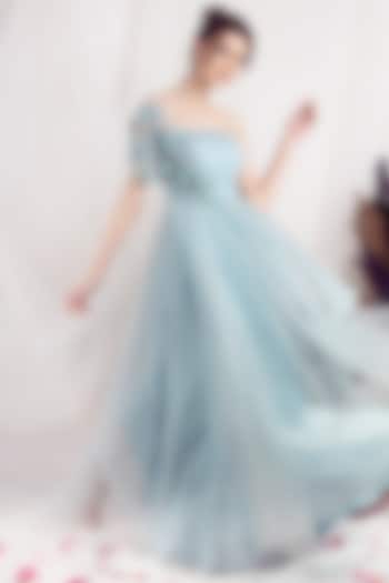 Sky Blue Tulle Hand Embellished Gown by One Knot One