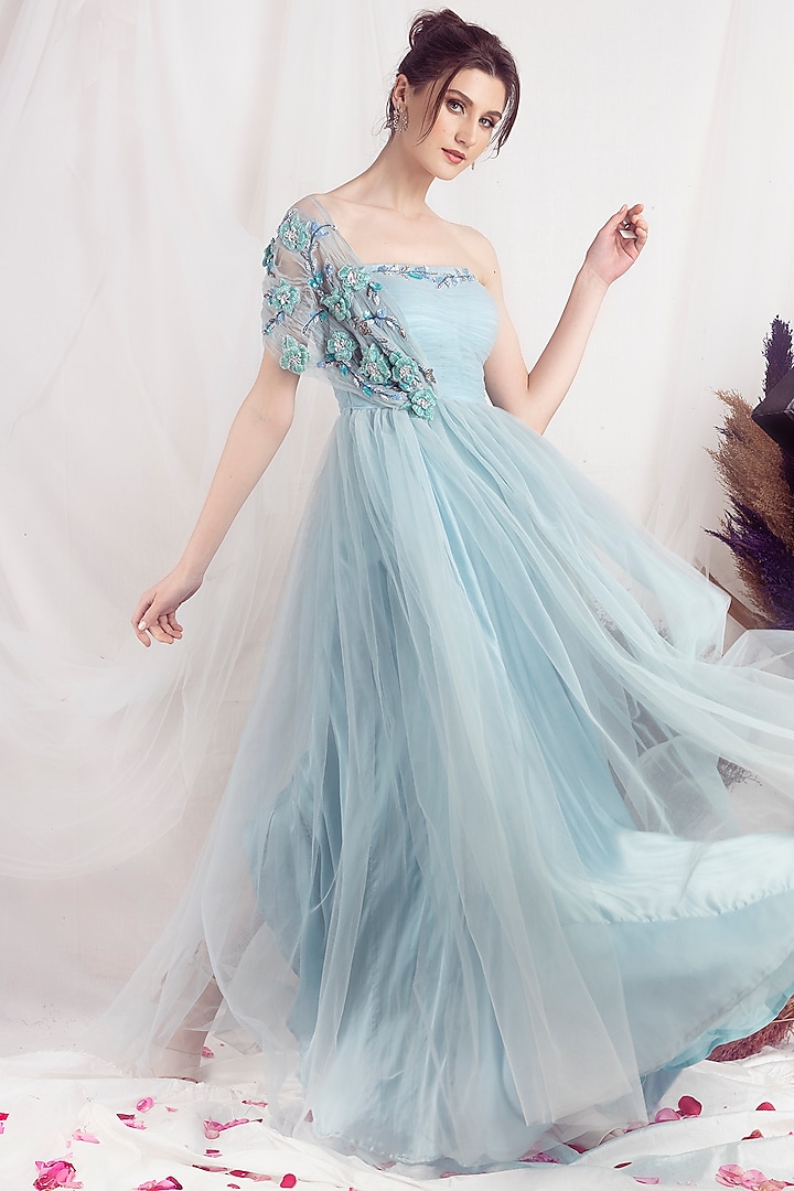 Sky Blue Tulle Hand Embellished Gown by One Knot One