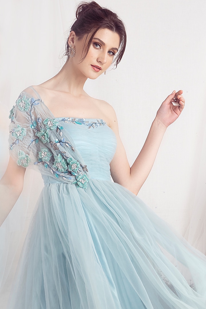 Sky Blue Tulle Hand Embellished Engagement Gown by One Knot One By Ashna at Pernia's Pop Up Shop