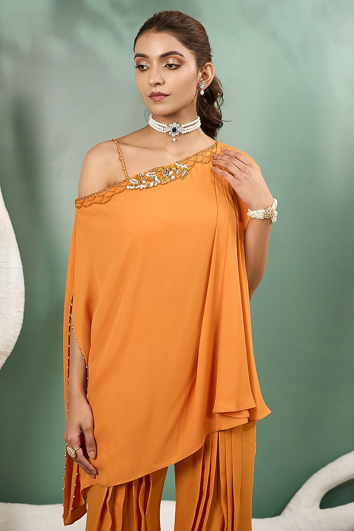Marigold Yellow Georgette Hand Embroidered Tunic Set by One Knot One By Ashna at Pernia's Pop Up Shop