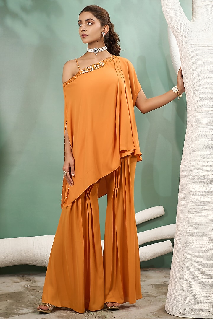 Marigold Yellow Georgette Hand Embroidered Tunic Set by One Knot One By Ashna at Pernia's Pop Up Shop