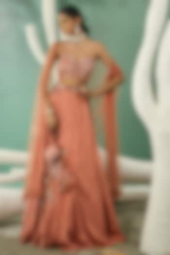 Peach Satin Organza 3D Hand Embroidered Wedding Lehenga Set by One Knot One at Pernia's Pop Up Shop