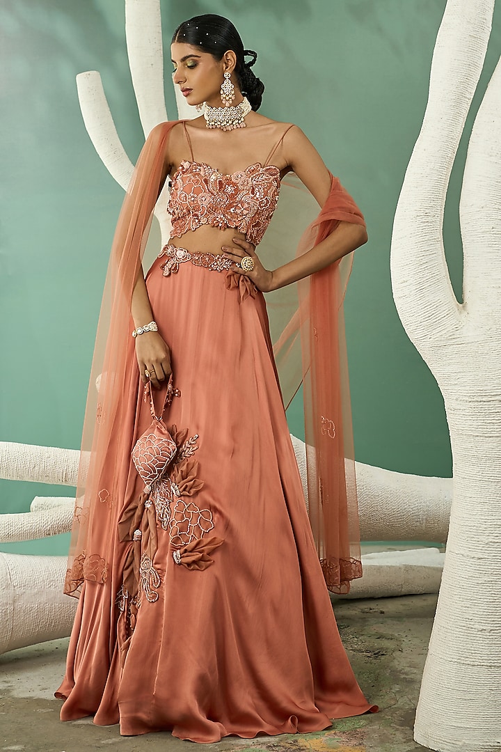 Peach Satin Organza 3D Hand Embroidered Wedding Lehenga Set by One Knot One at Pernia's Pop Up Shop