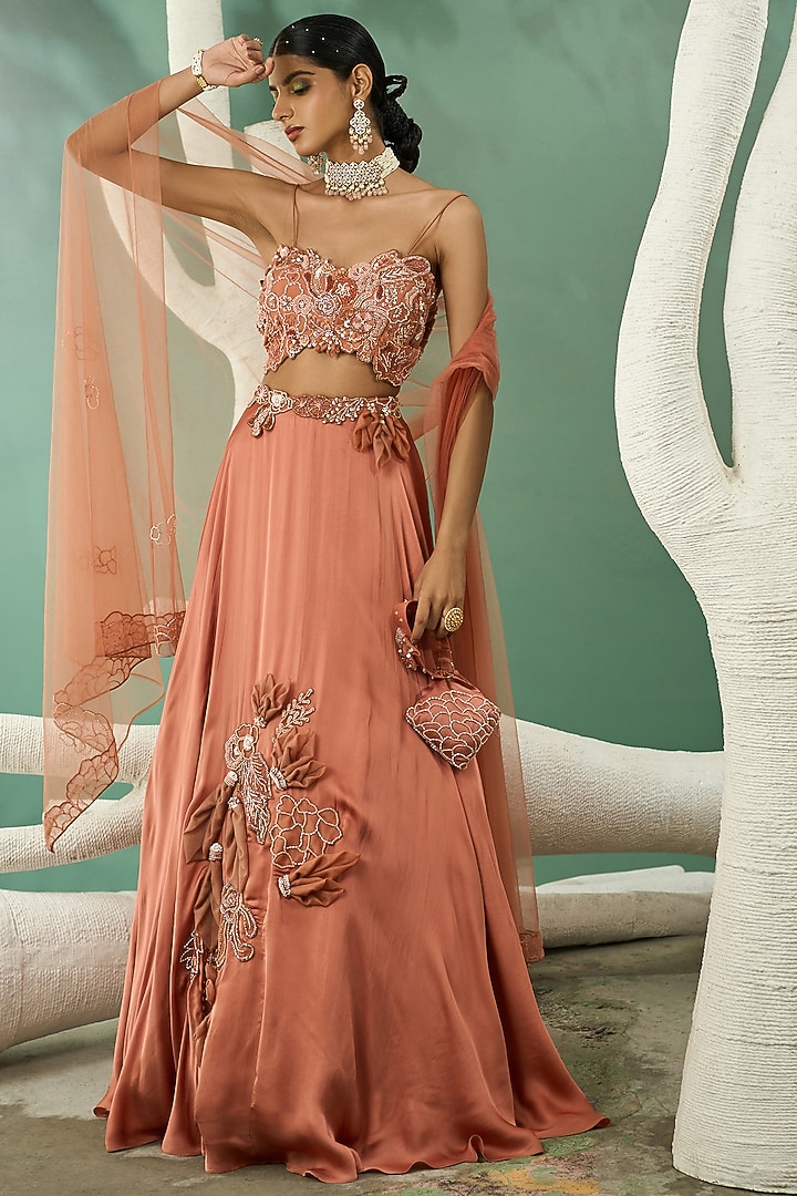 Peach Satin Organza 3D Hand Embroidered Wedding Lehenga Set by One