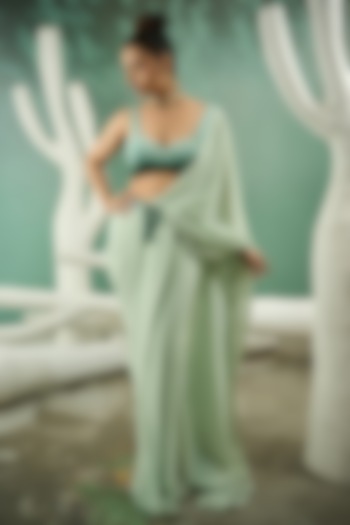 Mint Green Crimp Georgette Hand Embroidered Pre-Stitched Wedding Saree Set by One Knot One By Ashna at Pernia's Pop Up Shop