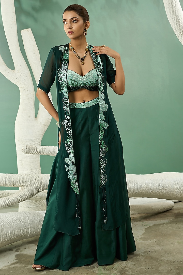 Green Viscose Organza Hand Embroidered Sharara Set by One Knot One at Pernia's Pop Up Shop