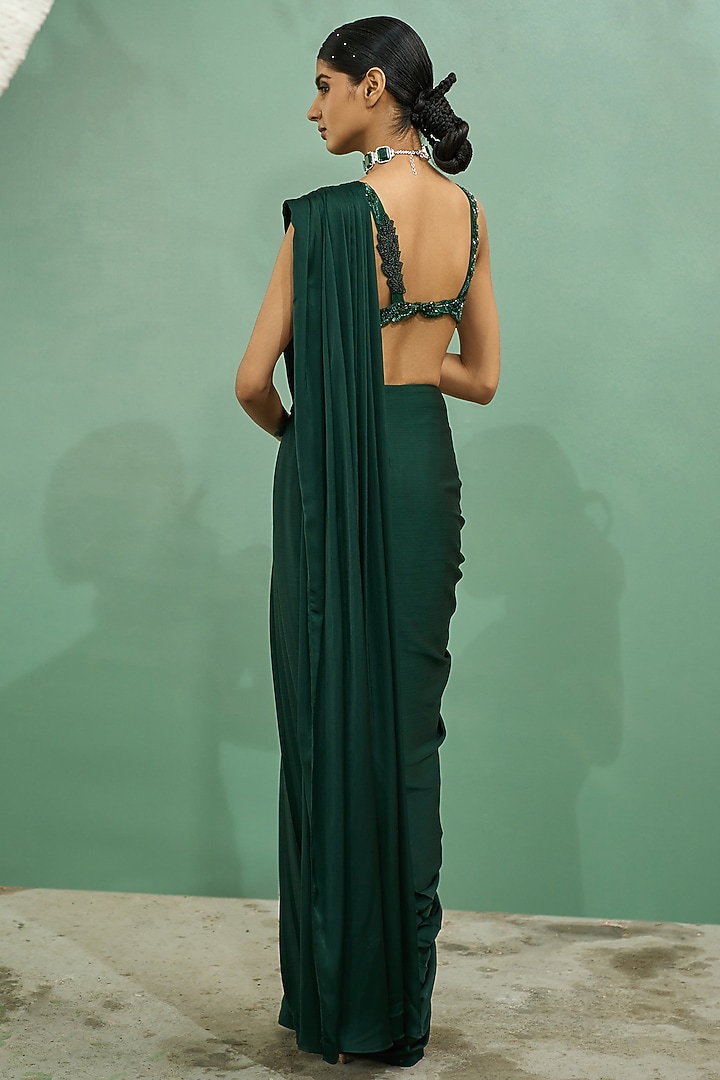 Emerald Green Chiffon Satin Hand Embroidered Draped Wedding Saree Set by One Knot One By Ashna at Pernia's Pop Up Shop