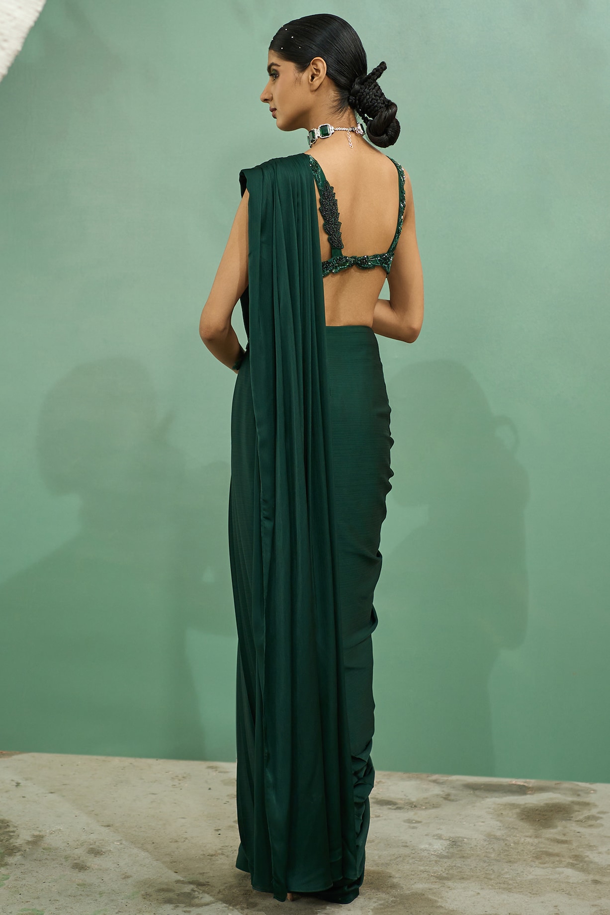Graceful Dark Green Embroidered Jacket Drape Saree Set Perfect for Celebrations