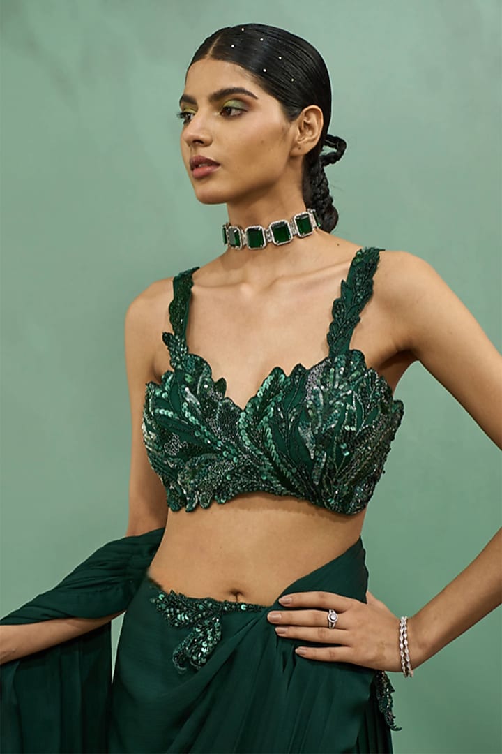 Green Metallic Bling Draped Saree With Bold Chevron Print