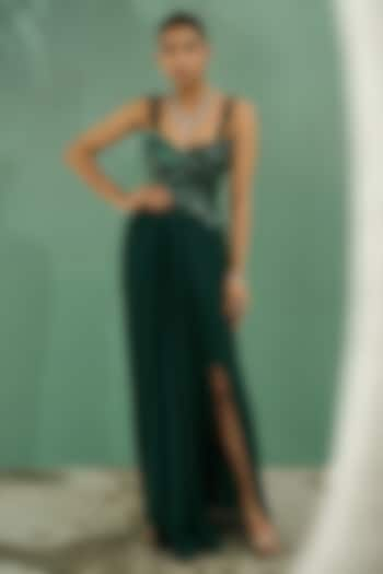 Emerald Green Chiffon Satin Draped Skirt Set by One Knot One