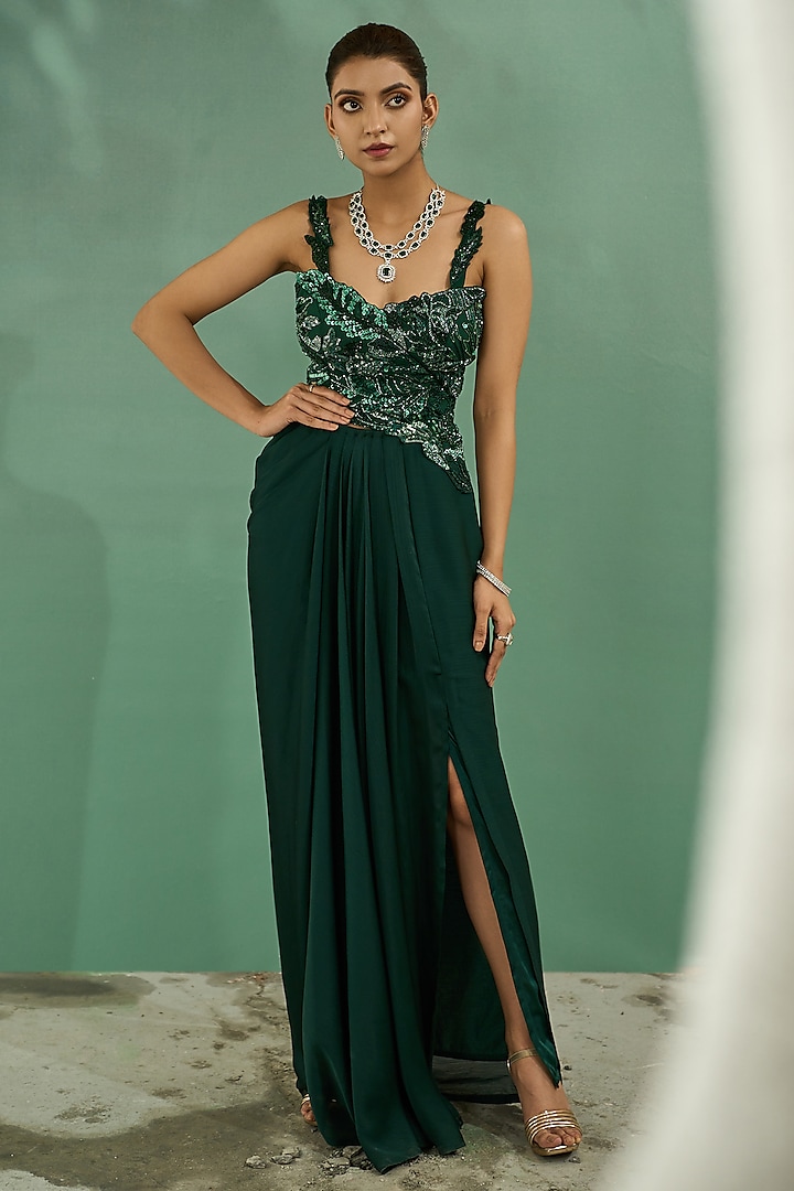 Emerald Green Chiffon Satin Draped Skirt Set by One Knot One